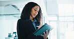 Stylus, reading and tablet with business woman in office for account review, stock holdings and research. Portfolio index, asset management and planning with employee in agency for online investment
