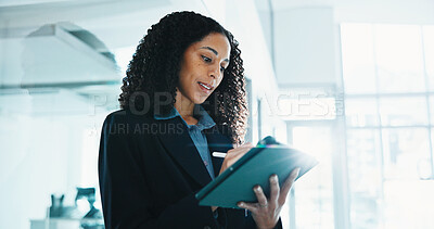 Buy stock photo Stylus, reading and tablet with business woman in office for account review, stock holdings and research. Portfolio index, asset management and planning with employee in agency for online investment