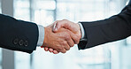 Business, people and agreement with handshake for deal, partnership or greeting in office. Employees, colleagues or shaking hands with b2b for meeting, introduction or onboarding career in workplace