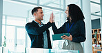 High five, teamwork and business people in office with achievement, goal or good news on finance report. Happy, collaboration and group of financial advisors with celebration for investment revenue.