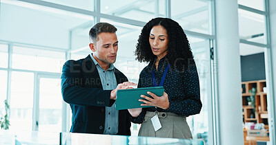 Buy stock photo Tablet, discussion and business people in office with research for finance report with revenue plan. Digital technology, happy and financial advisor with investor for review with investment growth.