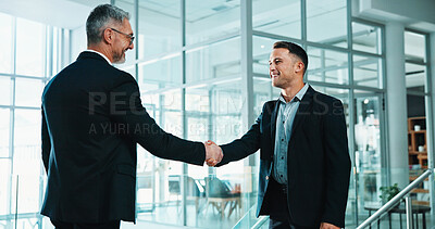 Buy stock photo Businessmen, meeting and handshake with introduction in office for business agreement together. Male people, employees or colleagues shaking hands with smile for b2b, deal or partnership in workplace