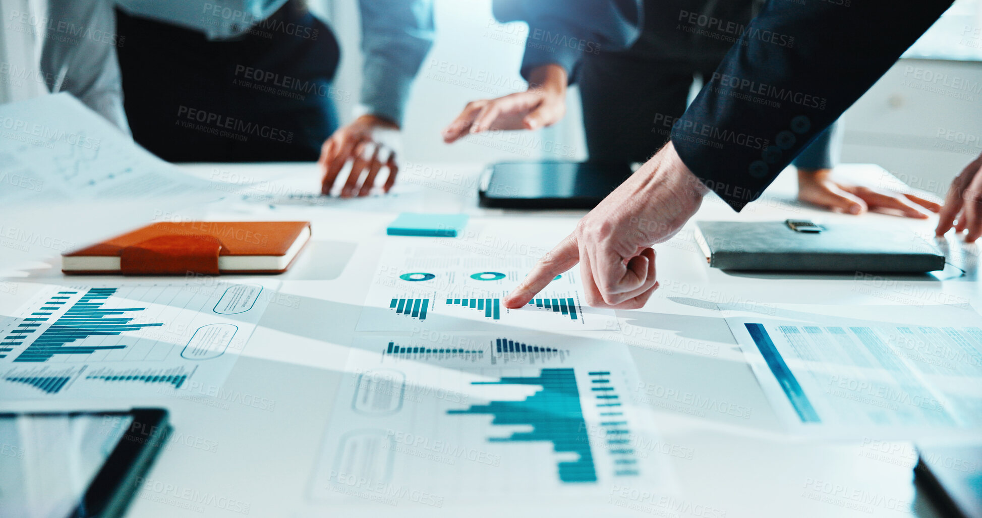 Buy stock photo People, hands and pointing with documents for analytics, performance meeting or review in office. Group, employees or analyst with team, graph or chart for data analysis or revenue in workplace