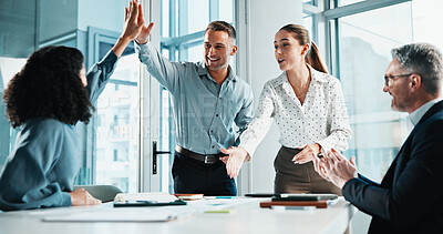 Buy stock photo High five, collaboration and business people in office with achievement, goal or good news on finance report. Happy, teamwork and group of financial advisors with celebration for investment revenue.