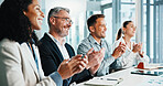 Happy, meeting or business people with applause in office for good job or presentation. Excited group, employees or clapping with smile or cheer for congratulations, promotion or success in workplace