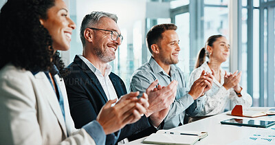 Buy stock photo Happy, meeting or business people with applause in office for good job or presentation. Excited group, employees or clapping with smile or cheer for congratulations, promotion or success in workplace
