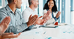 Happy, success or business people with applause in office meeting for good job or presentation. Excited group, employees or clapping with smile or cheer for congratulations or promotion in workplace