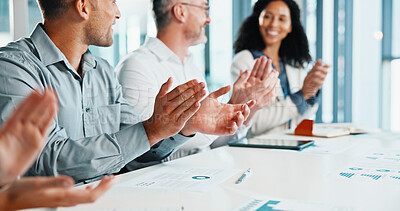 Buy stock photo Happy, success or business people with applause in office meeting for good job or presentation. Excited group, employees or clapping with smile or cheer for congratulations or promotion in workplace