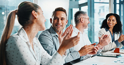 Buy stock photo Applause, meeting and business people in office with teamwork on finance report with budget plan. Happy, clapping and group of financial advisors with positive feedback on investment revenue.