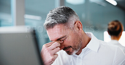 Buy stock photo Stress, headache and businessman in office with fatigue, burnout or pressure of finance deadline. Exhausted, technology and mature financial manager with migraine for investment proposal in workplace