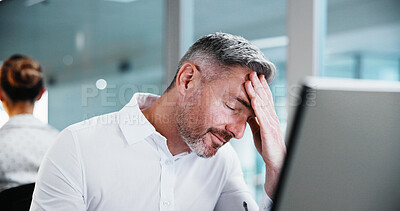 Buy stock photo Stress, headache and businessman in office with burnout, fatigue or pressure of finance deadline. Exhausted, technology and mature financial manager with migraine for investment proposal in workplace