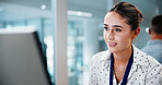 Business, woman or smile with computer in office for trade execution, profitability review or email. Coworking, happy trader and tech with research on live stock prices, market monitoring and news