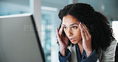 Buy stock photo Stress, headache and businesswoman in office with exhaustion, burnout or finance deadline. Fatigue, technology and financial manager with migraine for pressure on investment proposal in workplace.
