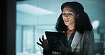 Night, window and business woman on tablet for planning, financial report and proposal deadline. Accounting, glass office and person on tech for finance review, research and budget for investment