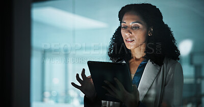 Buy stock photo Night, window and business woman on tablet for planning, financial report and proposal deadline. Accounting, glass office and person on tech for finance review, research and budget for investment