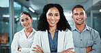 Crossed arms, professional and portrait of business people in office with confidence for finance career. Smile, collaboration and financial advisors with manager for pride of about us in workplace.