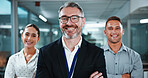 Crossed arms, collaboration and portrait of business people in office with confidence for finance career. Smile, group and team of financial advisors with manager for pride of about us in workplace.