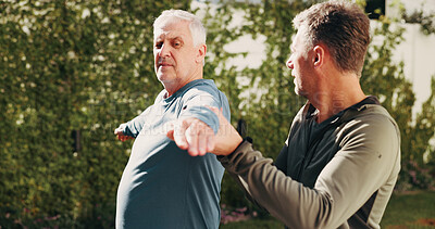 Buy stock photo Outdoor, stretching and senior man with trainer for practice, active hobby and pilates for health. Retirement, morning and instructor with elderly person with help for wellness, fitness and exercise