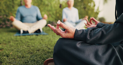 Buy stock photo Hands, people and meditation in backyard for yoga, fitness and inner peace for mindfulness. Woman, couple or yogi session in home with lotus pose, spiritual healing and technique for holistic balance