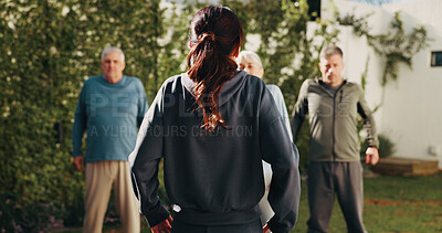 Buy stock photo Exercise, outdoor and back of trainer with senior people for warm up, active and pilates for health. Retirement, backyard and woman with elderly group, help and yoga for wellness, mobility or fitness