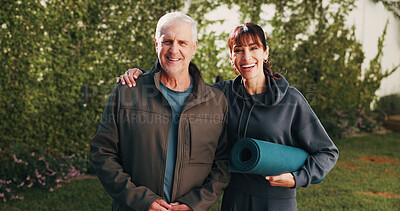 Buy stock photo Outdoor, portrait and man with with yoga mat for exercise, wellness and practice for health. Morning, happy and trainer with senior person for pilates, fitness routine and active hobby in backyard