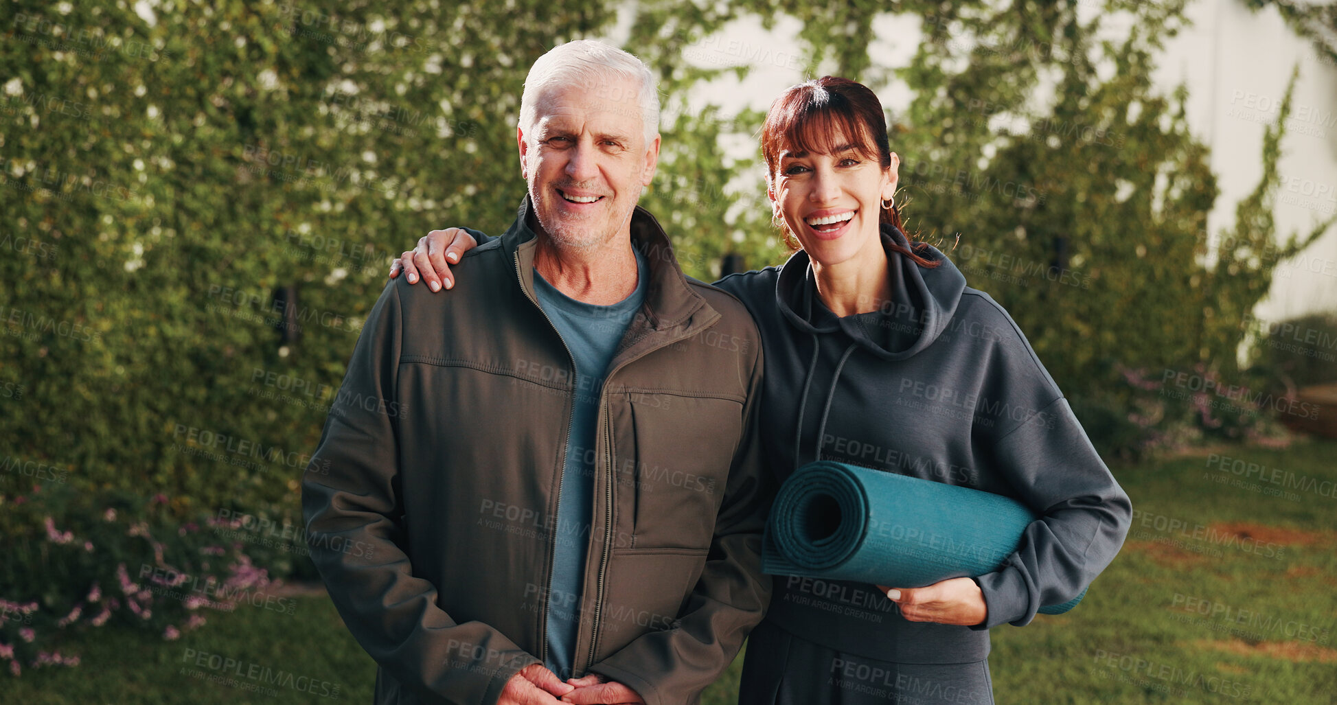 Buy stock photo Outdoor, portrait and man with with yoga mat for exercise, wellness and practice for health. Morning, happy and trainer with senior person for pilates, fitness routine and active hobby in backyard