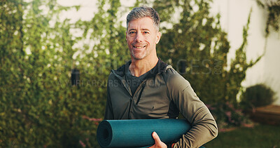Buy stock photo Outdoor, portrait and mature man with yoga mat for exercise, wellness and practice for health. Morning, happy and person with equipment for pilates, fitness routine and active hobby in backyard