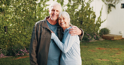 Buy stock photo Portrait, old couple and hug in backyard for fitness, love and partner support for health benefits. Smile, senior people or embrace in home for pilates, calm morning and bonding together for wellness