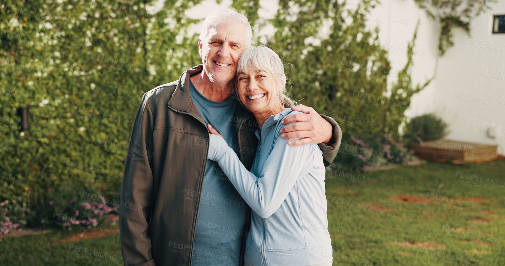 Buy stock photo Portrait, old couple and hug in backyard for fitness, love and partner support for health benefits. Smile, senior people or embrace in home for pilates, calm morning and bonding together for wellness