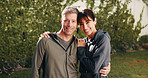 Smile, couple and hug in backyard for fitness, love and partner support for health benefits. Portrait, mature people and embrace at house for pilates, morning hobby and bonding together for wellness