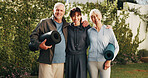 Portrait, outdoor and senior couple with trainer for practice, active hobby and pilates for health. Retirement, happy and woman with elderly people, hug and yoga mat for wellness, fitness or exercise