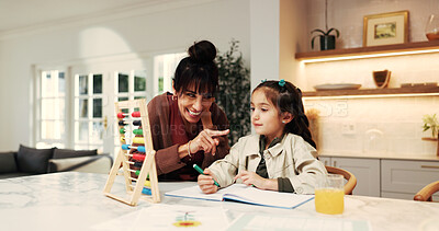 Buy stock photo Support, mom or girl in home with abacus, math practice or bead count in homework activity. Education, child or parent with help, literacy assignment or cognitive development in homeschool learning.