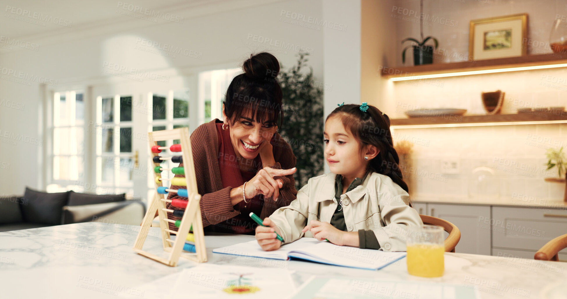 Buy stock photo Support, mom or girl in home with abacus, math practice or bead count in homework activity. Education, child or parent with help, literacy assignment or cognitive development in homeschool learning.
