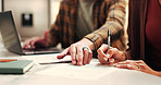 Hands, paperwork and couple with writing, insurance and financial decision in home. Man, woman and application with signature, planning or policy for budget and premium or safety for asset management