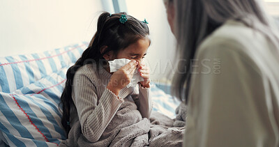 Buy stock photo Sick, tissue and person with child in bedroom for infection, virus and blowing nose for allergies. Family, home and grandma with girl in bed with cold, flu and sneeze for illness, healing and support