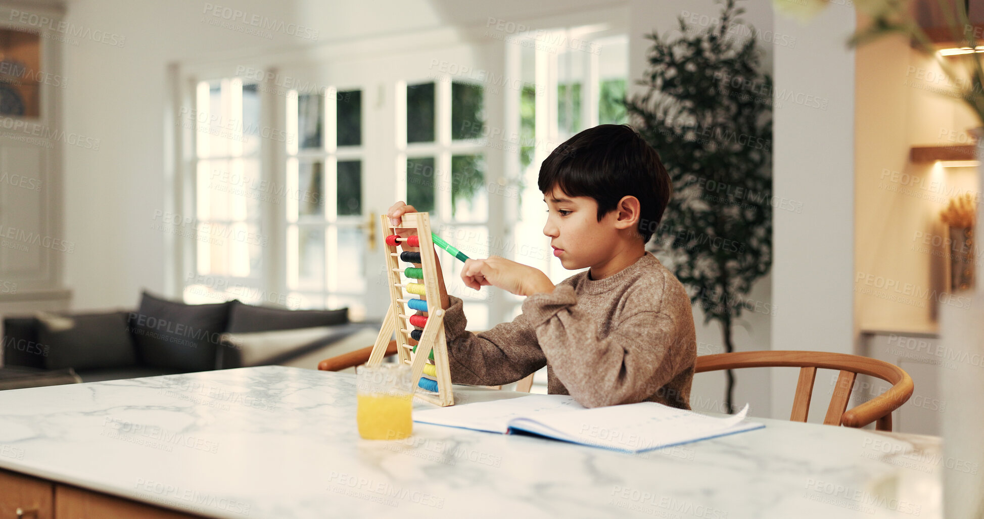 Buy stock photo Counting, homework and child with abacus in home for maths lesson, learning and numbers assignment. House, notebook and boy with educational toy for development, studying and practice for knowledge