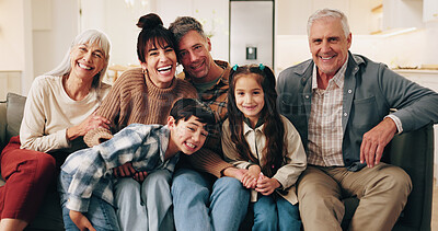 Buy stock photo Big family, love and relax in home with happiness, bonding and laugh together with grandparents. Generations, mother and father with children on sofa for connection, support or portrait of siblings
