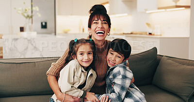 Buy stock photo Mother, laugh and hug kids in home with happiness, bonding and portrait together with parent. Funny, mama and embrace children on sofa in living room for family connection, care and siblings relax
