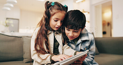 Buy stock photo Kids, siblings and play in home with tablet, online educational website and game for bonding together. Children, brother and sister learning in house with tech, gaming and internet for entertainment.