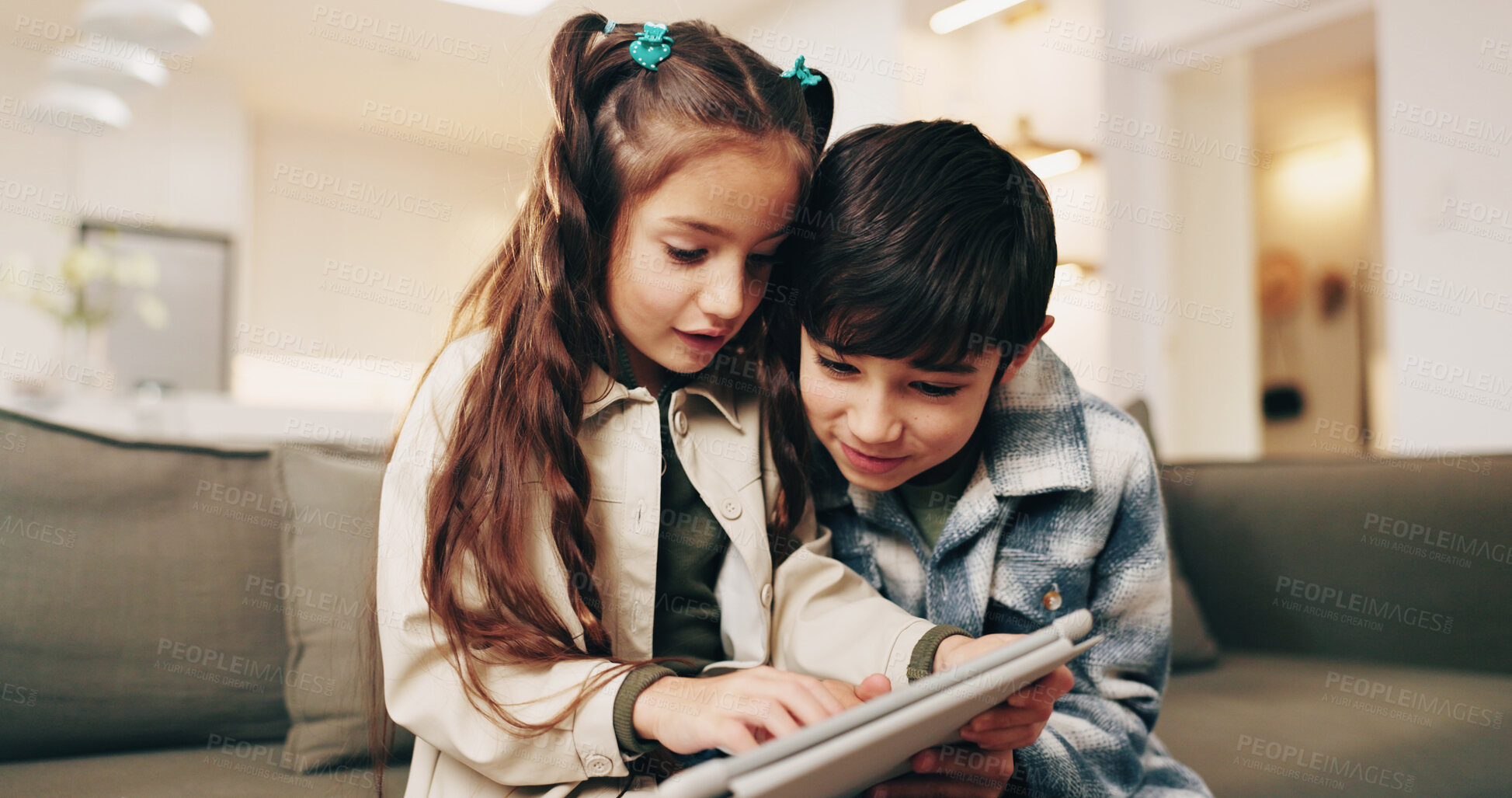 Buy stock photo Kids, siblings and play in home with tablet, online educational website and game for bonding together. Children, brother and sister learning in house with tech, gaming and internet for entertainment.