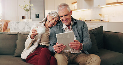 Buy stock photo Happy, old couple and coffee in home with tablet, good news and announcement for lottery winner. Smile, senior people and beverage at house with digital, notification email and giveaway prize on sofa