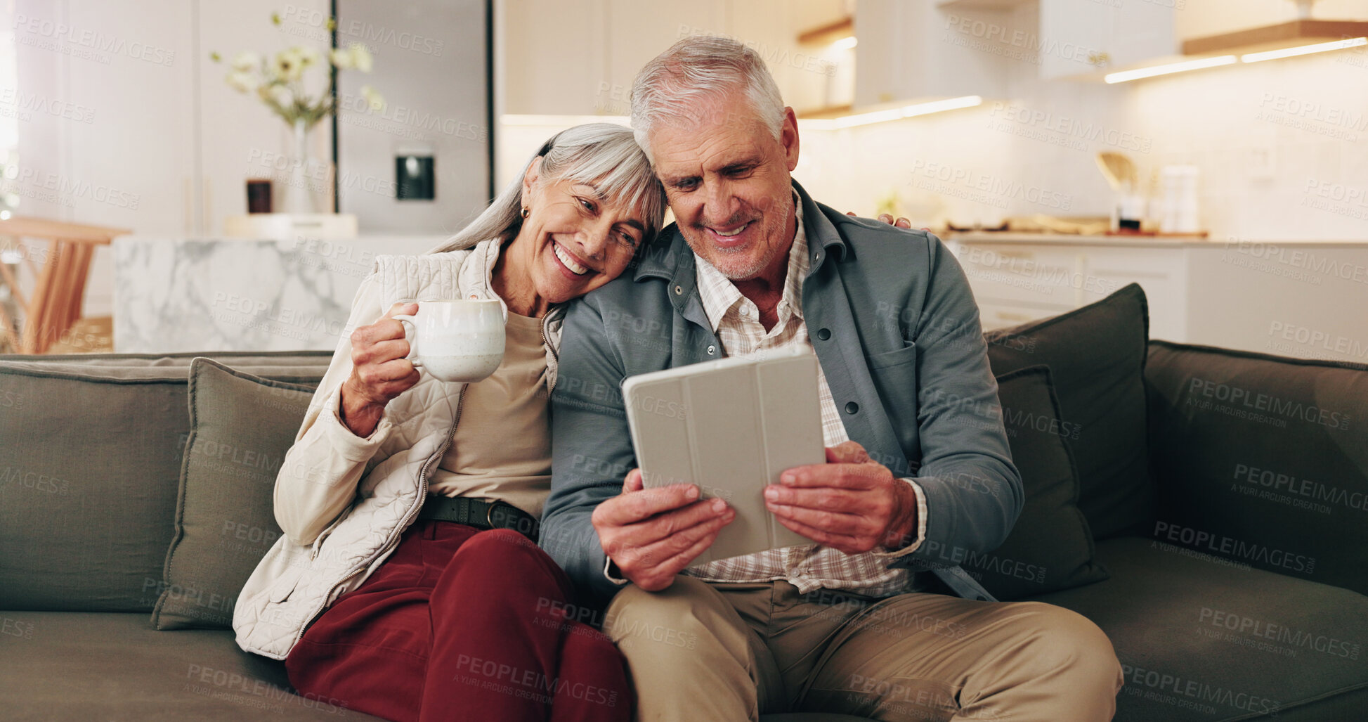 Buy stock photo Happy, old couple and coffee in home with tablet, good news and announcement for lottery winner. Smile, senior people and beverage at house with digital, notification email and giveaway prize on sofa