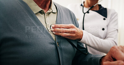Buy stock photo Caregiver, hand and stethoscope for heart exam, healthcare and wellness assessment for homecare. Chest evaluation, medical volunteer and cardiology test, checkup and person listening to heartbeat