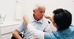 Dressing, nurse or old man in bathroom with wheelchair, grooming or elderly care in assisted living. Caregiver, patient or senior person with disability, getting ready or support in nursing home.