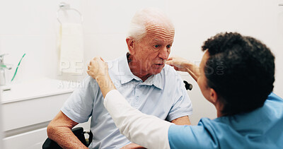 Buy stock photo Dressing, nurse or old man in bathroom with wheelchair, grooming or elderly care in assisted living. Caregiver, patient or senior person with disability, getting ready or support in nursing home.
