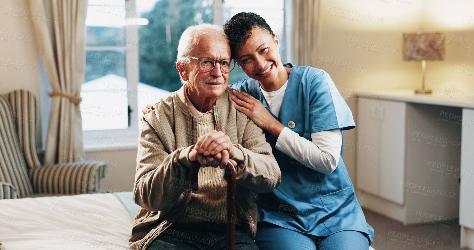 Buy stock photo Bedroom, portrait and nurse with senior man for support, bonding and care for assisted living. Retirement, nursing home and caregiver embrace elderly person for connection, wellness or trust for help