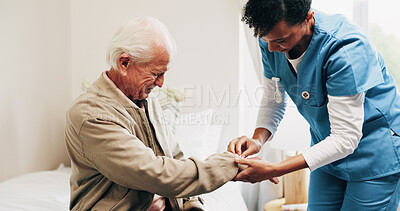 Buy stock photo Nurse, help and clothes with elderly man in bedroom for dressing, advice and support. Getting ready, morning routine and caregiver with senior patient in nursing home for retirement and trust