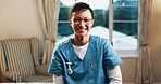 Healthcare, nurse and smile portrait in house for medical support, homecare or service integrity. Caregiver, mature woman or happy in lounge for assisted living, health trust or pride in patient care