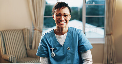 Buy stock photo Healthcare, nurse and smile portrait in house for medical support, homecare or service integrity. Caregiver, mature woman or happy in lounge for assisted living, health trust or pride in patient care
