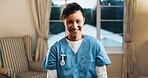 Portrait, nurse and happy with homecare career for medical support, service pride or about us. Healthcare, mature woman and smile in house for assisted living, professional caregiver and patient care